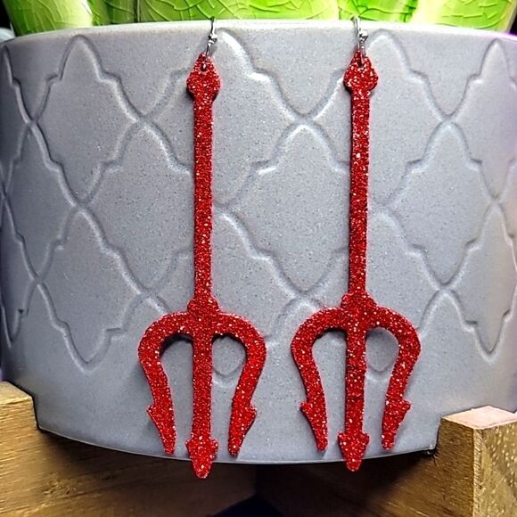 Red Devil Pitchfork Trident Dangle Earrings - Picture 1 of 5